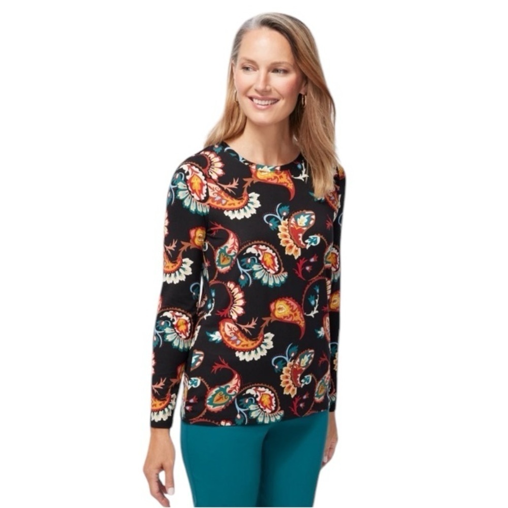 Chico’s Touch of Cool Black Multicolor Paisley Print Cozy Stretch Top Size 1 (M)